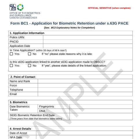 Document preview: BC1 PACE application form — Biometrics and Surveillance Camera Commissioner, United Kingdom