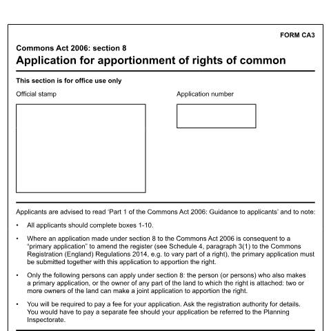 Document preview: Common land and greens: sharing a right of common (CA3) — Department for Environment, Food & Rural Affairs, United Kingdom