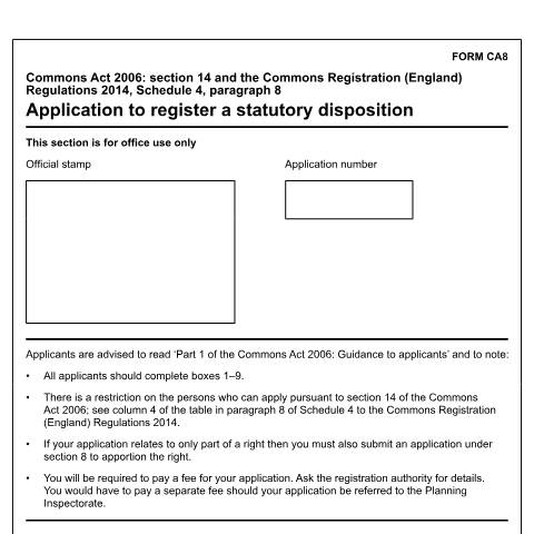 Document preview: Common land and greens: statutory disposition (CA8) — Department for Environment, Food & Rural Affairs, United Kingdom