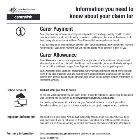 Document preview: Information you need to know about your claim for Carer Payment and Carer Allowance — Services Australia — Individuals (by code), Australia (CERFA n°CI002)