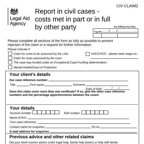 Document preview: CIV CLAIM2: other party costs claim (in full or part) — Legal Aid Agency, United Kingdom