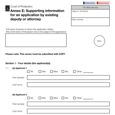 Document preview: Form COP1E: Apply to make decisions on someone's behalf (supporting information) — HM Courts & Tribunals Service, United Kingdom