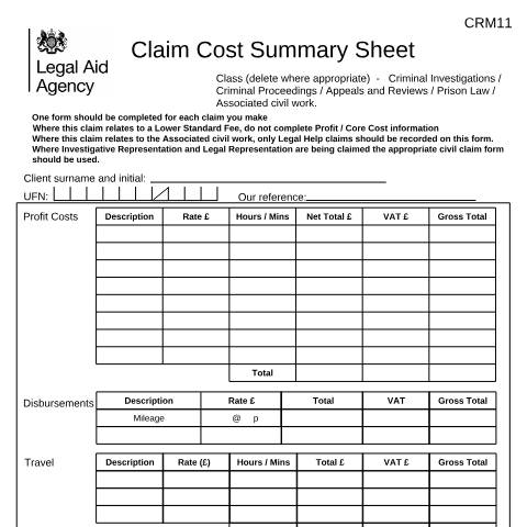 Document preview: CRM11: generic costs claim sheet — Legal Aid Agency, United Kingdom