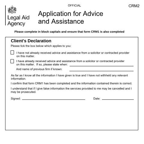 Document preview: CRM2: apply for advice and assistance — Legal Aid Agency, United Kingdom