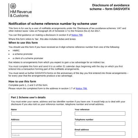 Document preview: Tax avoidance: tell HMRC the indirect tax scheme reference numbers you use (DASVOIT4) — HM Revenue & Customs, United Kingdom
