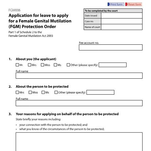 Document preview: Form FGM006: Application for leave to apply for a Female Genital Mutilation (FGM) Protection Order — HM Courts & Tribunals Service, United Kingdom