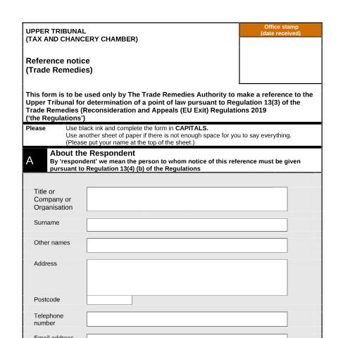 Document preview: Make a reference to the Upper Tribunal – trade remedies: Form FTC4 — HM Courts & Tribunals Service, United Kingdom