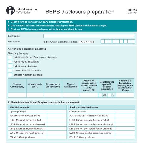 Document preview: BEPS disclosure preparation — International, New Zealand (CERFA n°IR1250)