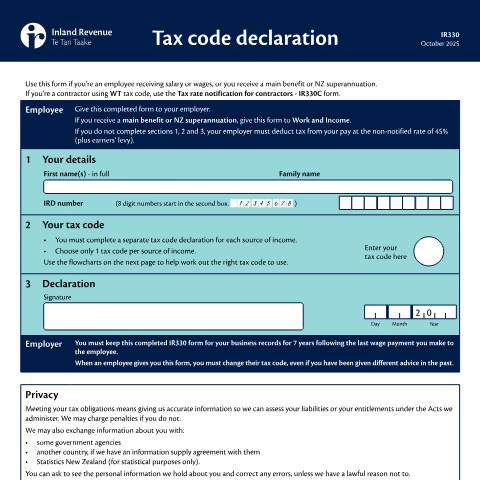 Document preview: Tax code declaration IR330 — International, New Zealand (CERFA n°IR330)