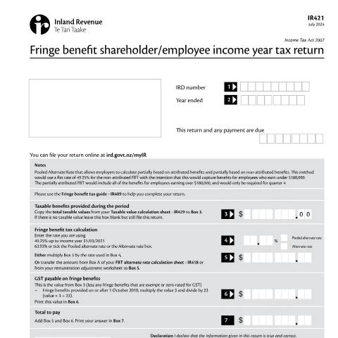 Document preview: Fringe benefit shareholder/employee income year tax return — Employing staff, New Zealand (CERFA n°IR421)