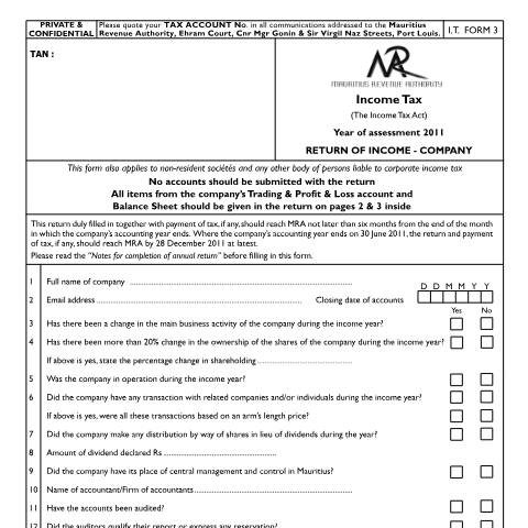 Document preview: I.T Form 3 — Form, Mauritius (CERFA n°ReturnIT032011)