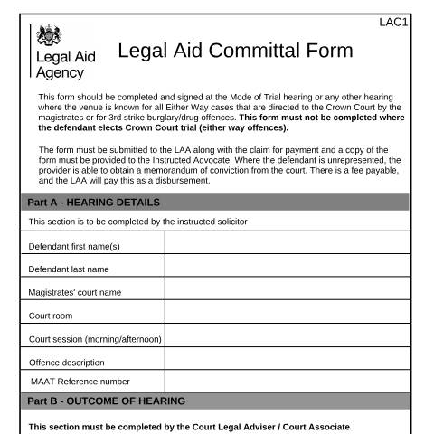 Document preview: LAC1: committal form for directed Crown Court cases — Legal Aid Agency, United Kingdom