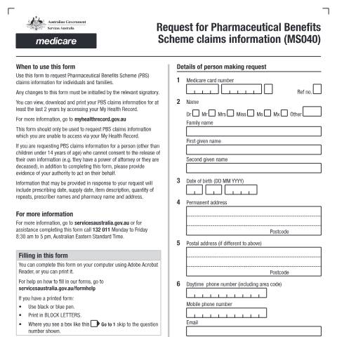Document preview: Request for Pharmaceutical Benefits Scheme claims information form (MS040) — Services Australia — Health professionals, Australia (CERFA n°MS040)