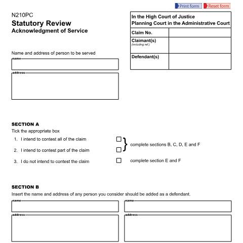 Document preview: Statutory Review - Acknowledgment of service: Form N210PC — HM Courts & Tribunals Service, United Kingdom