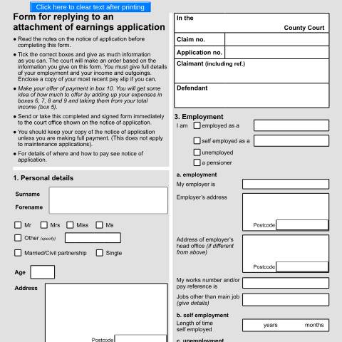 Document preview: Reply to an attachment of earnings application: Form N56 — HM Courts & Tribunals Service, United Kingdom