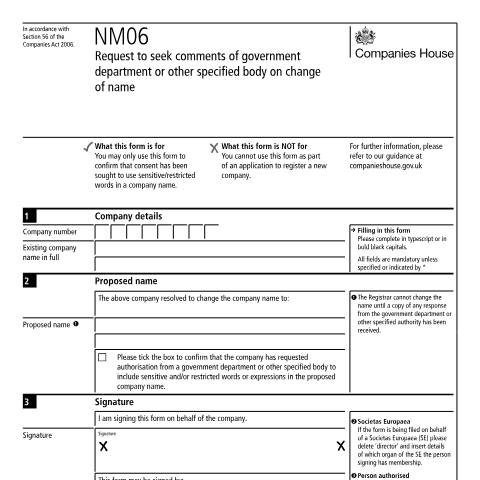 Document preview: Request to seek comments on change of name (NM06) — Companies House, United Kingdom