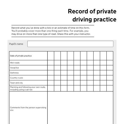 Document preview: Record your private practice when you're learning to drive — Driver and Vehicle Standards Agency, United Kingdom