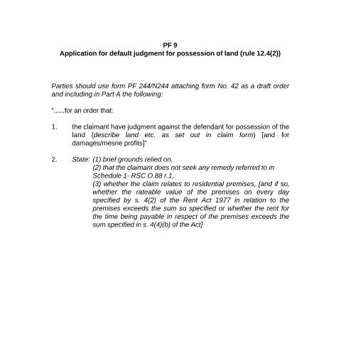 Document preview: Form PF9: Application for judgment for possession of land (rule 12.4(2)) — HM Courts & Tribunals Service, United Kingdom