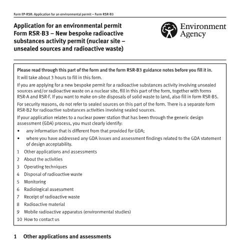 Document preview: Part RSR-B3: apply for an open sources and radioactive waste nuclear site permit — Environment Agency, United Kingdom