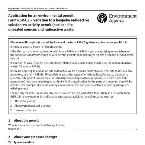 Document preview: Part RSR-C3: variation to a bespoke radioactive substances activity permit — Environment Agency, United Kingdom