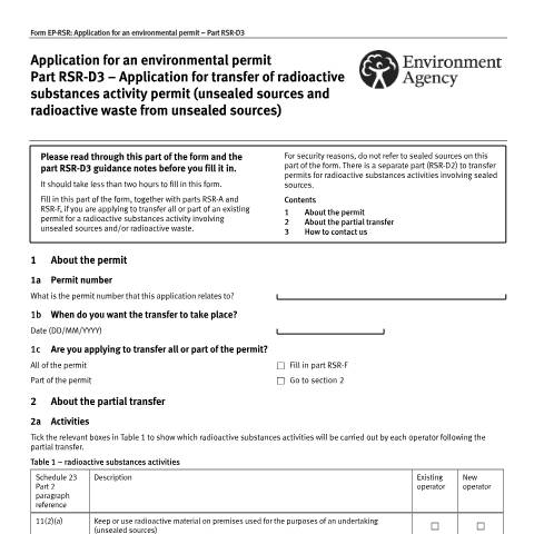 Document preview: Form Part RSR-D3: transfer a RSR unsealed sources and radioactive waste permit — Environment Agency, United Kingdom