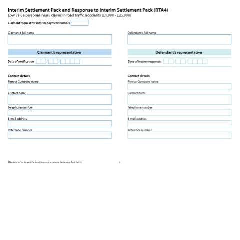 Document preview: Form RTA4: Interim settlement pack form and response to interim settlement pack — HM Courts & Tribunals Service, United Kingdom