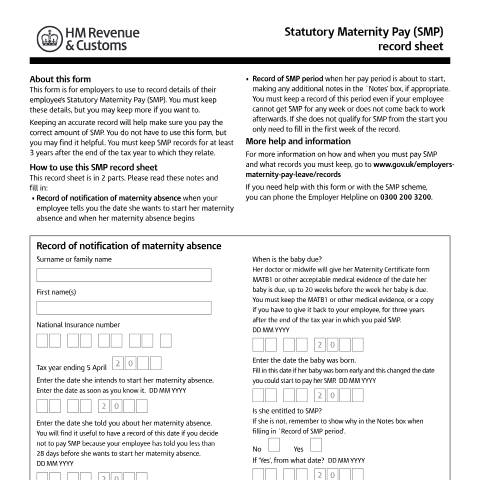 Document preview: Statutory Maternity Pay: record sheet (SMP2) — HM Revenue & Customs, United Kingdom