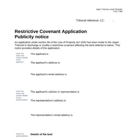 Document preview: Form T380: Restrictive Covenant Application: Publicity Notice — HM Courts & Tribunals Service, United Kingdom