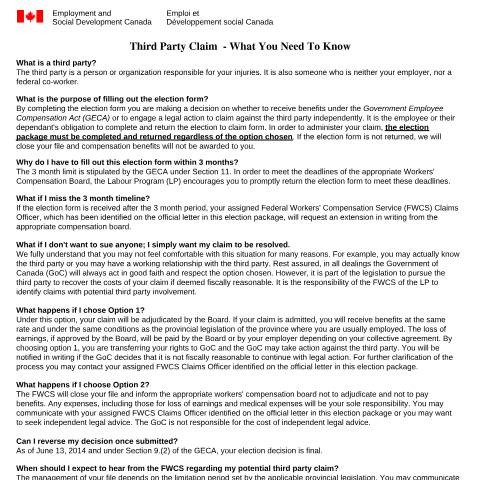 Document preview: Third Party Claim - What you need to know — Labour, Canada (CERFA n°LAB1191)