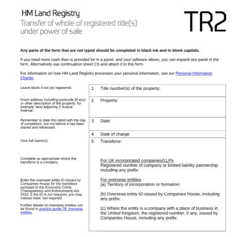 Document preview: Registered title(s) under power of sale: whole transfer (TR2) — HM Land Registry, United Kingdom