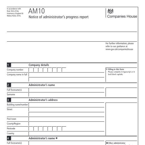 Document preview: Give notice of administrator's progress report (AM10) — Companies House, United Kingdom
