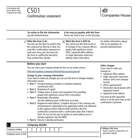 Document preview: Confirmation statement (CS01) — Companies House, United Kingdom
