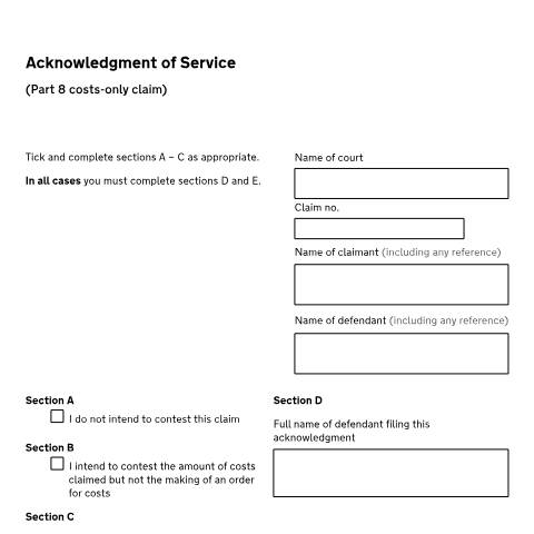 Document preview: Acknowledgment of service (Part 8 costs-only claim): Form N210A — HM Courts & Tribunals Service, United Kingdom