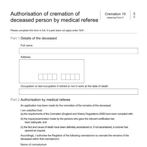 Document preview: Authorise the cremation of a dead person for deaths that occurred in Scotland, Northern Ireland or the British Islands — Ministry of Justice, United Kingdom