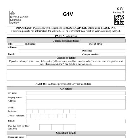 Document preview: Report your medical condition (form G1V) — Driver and Vehicle Licensing Agency, United Kingdom