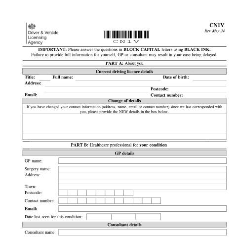 Document preview: Report your medical condition (form CN1V) — Driver and Vehicle Licensing Agency, United Kingdom