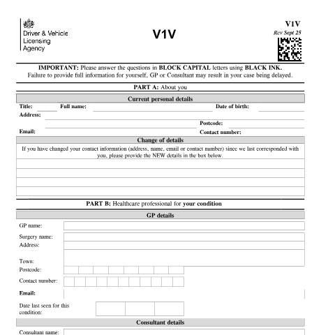 Document preview: Report your medical condition (form V1V) — Driver and Vehicle Licensing Agency, United Kingdom