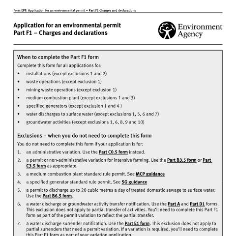 Document preview: Application for an environmental permit: part F1 – charges and declarations — Environment Agency, United Kingdom