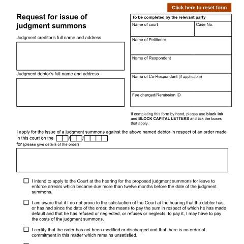 Document preview: Request for issue of judgment summons: Form D62 — HM Courts & Tribunals Service, United Kingdom