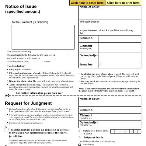Document preview: Notice of issue (specified amount) and request for judgment: Form N205A — HM Courts & Tribunals Service, United Kingdom