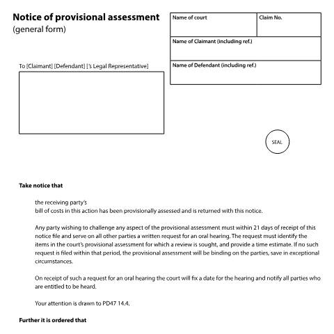 Document preview: Form N253A: Notice of provisional assessment (general form) — HM Courts & Tribunals Service, United Kingdom
