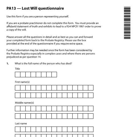 Document preview: Report a will is lost to support a probate application: Form PA13 — HM Courts & Tribunals Service, United Kingdom