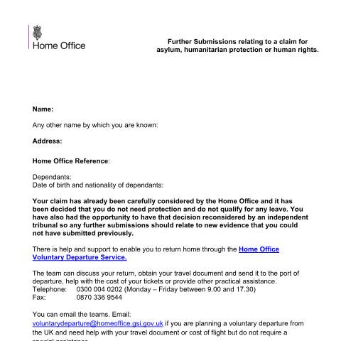 Document preview: Further submissions: asylum, humanitarian protection, discretionary leave — UK Visas and Immigration, United Kingdom