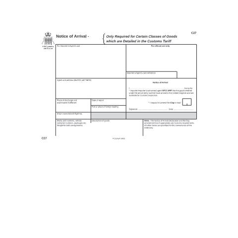 Document preview: Submit a notice of arrival of certain classes of goods (C27) — HM Revenue & Customs, United Kingdom