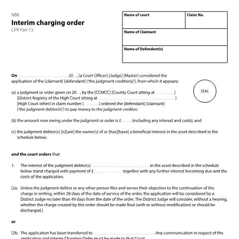 Document preview: Interim charging order: Form N86 — HM Courts & Tribunals Service, United Kingdom
