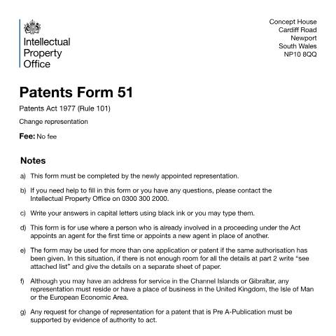 Document preview: Change representation — Intellectual Property Office, United Kingdom