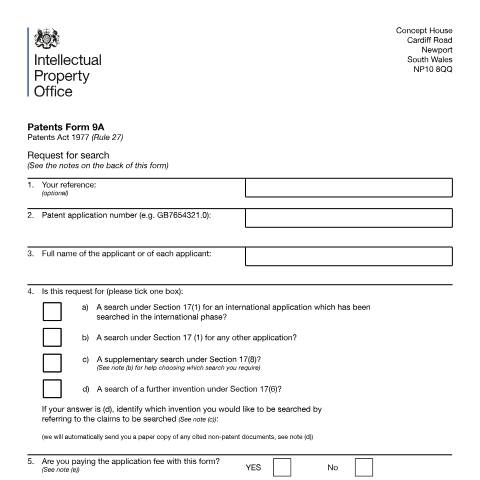 Document preview: Request for search — Intellectual Property Office, United Kingdom