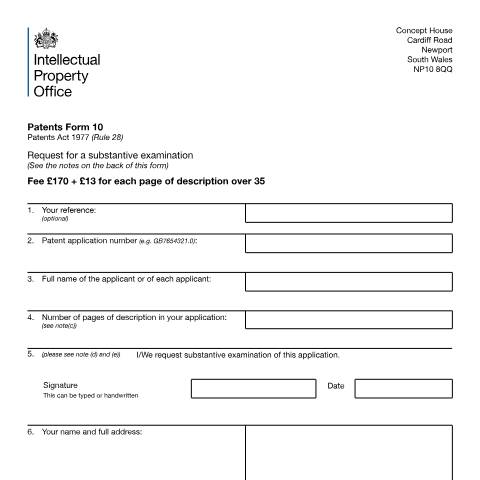 Document preview: Request for a substantive examination — Intellectual Property Office, United Kingdom