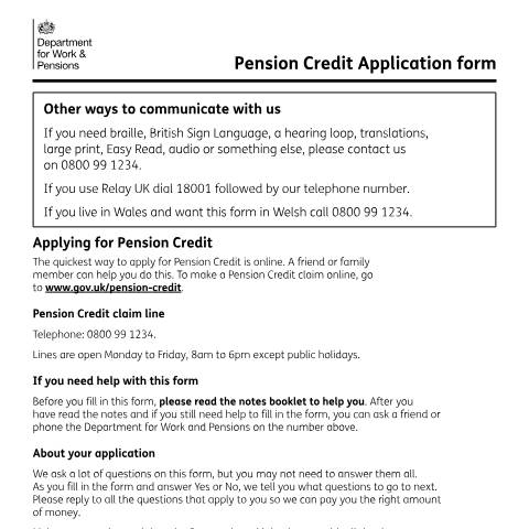 Document preview: Pension Credit claim form — Department for Work and Pensions, United Kingdom