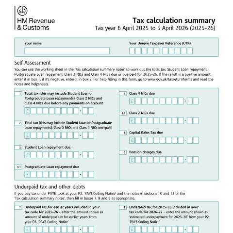 Document preview: Self Assessment: tax calculation summary (SA110) — HM Revenue & Customs, United Kingdom